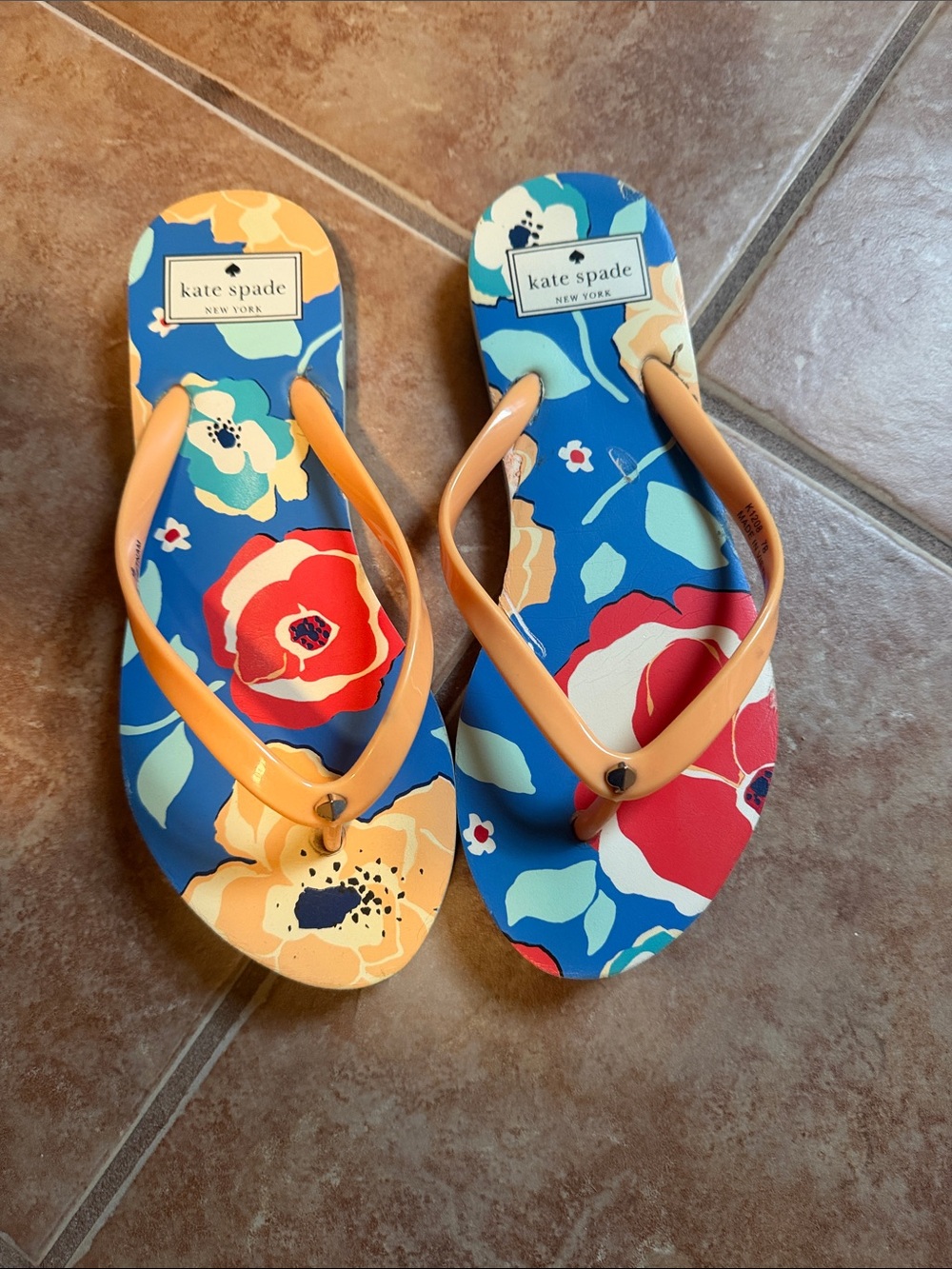 kate spade Blue Floral Flip Flops with Peach Straps